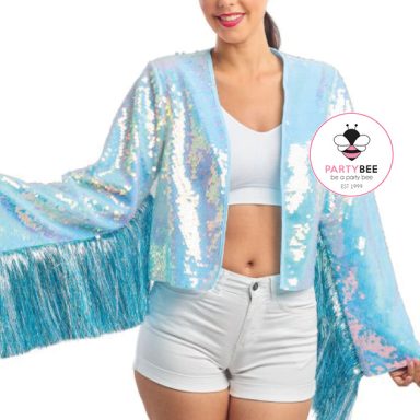 Hellblaue Damen-Fransenjacke mit irisierenden Pailletten und türkisfarbenen Fransen.