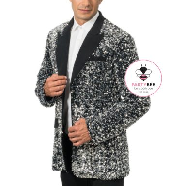 Silber-schwarzer Pailletten-Blazer für Herren mit schwarzem Revers.