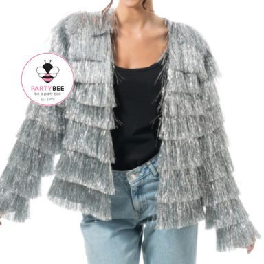 Silberne Damen-Fransenjacke mit glänzenden Fransen in mehreren Lagen.
