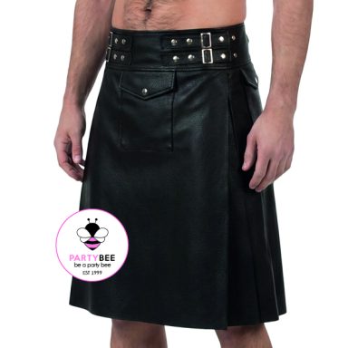 Schwarzer Lederrock/Kilt mit Nieten und doppeltem Gürtel für Herren von PartyBee Store in Berlin