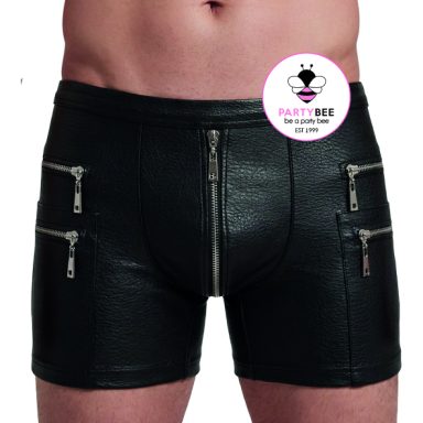 PartyBee Leder Shorts Herren Schwarz Schwarze Leder Shorts für Herren von PartyBee mit Reißverschlüssen