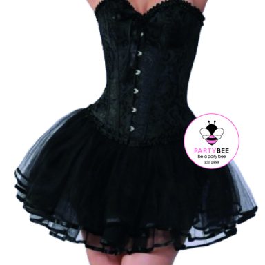 Schwarzes Petticoat-Kleid Schwarzes Petticoat-Kleid mit Korsett-Oberteil und Tüllrock.