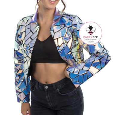 Kurze Damenjacke mit blau-silbernem Spiegelmuster und schwarzem Revers.