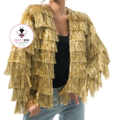 Goldene Damen-Fransenjacke mit glänzenden Metallic-Fransen.