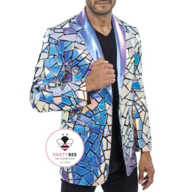Herren-Blazer mit blau-silbernem Spiegelmuster für extravagante Party-Looks.