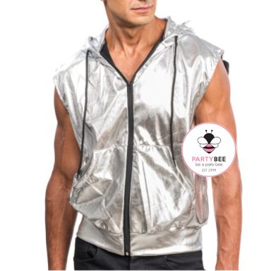 Silberne ärmellose Metallic-Kapuzenweste für Herren mit Reißverschluss.