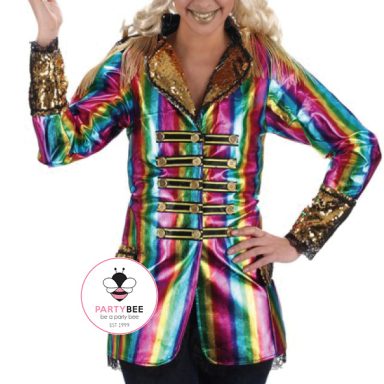 Bunter Herren-Paillettenmantel mit Regenbogenstreifen und goldenen Details.