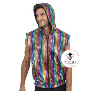 Bunte ärmellose Herrenweste mit Kapuze und schimmerndem Regenbogenmuster.
