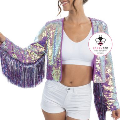 Schillernde Damenjacke mit Pailletten in Lila und Silber sowie langen Fransen.