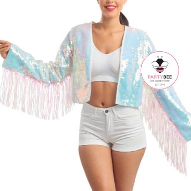 Weiße Damen-Paillettenjacke mit langen weißen Fransen an den Ärmeln.