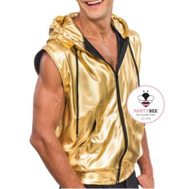 Goldene ärmellose Metallic-Kapuzenweste für Herren mit Reißverschluss.