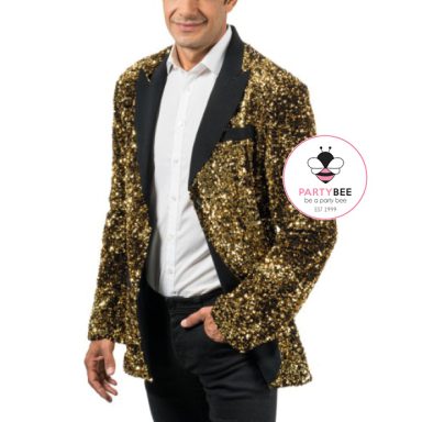 Goldener Pailletten-Blazer für Herren mit schwarzem Revers für auffällige Party-Outfits.